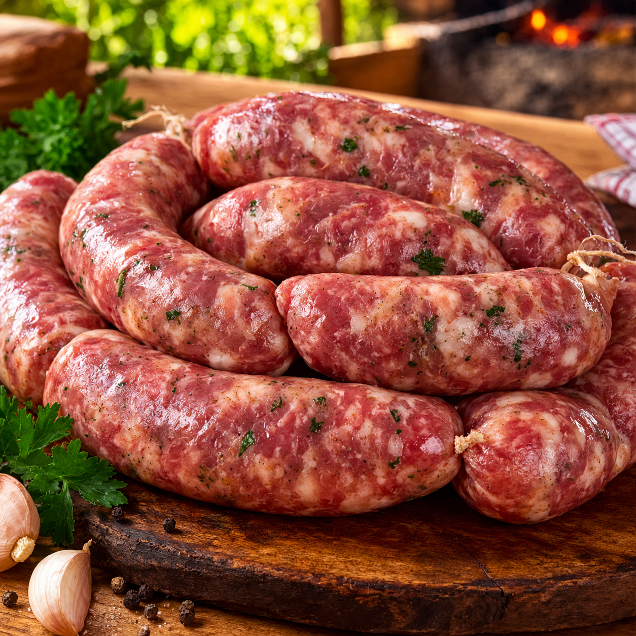 Linguiça caseira artesanal fresca sobre tábua de madeira